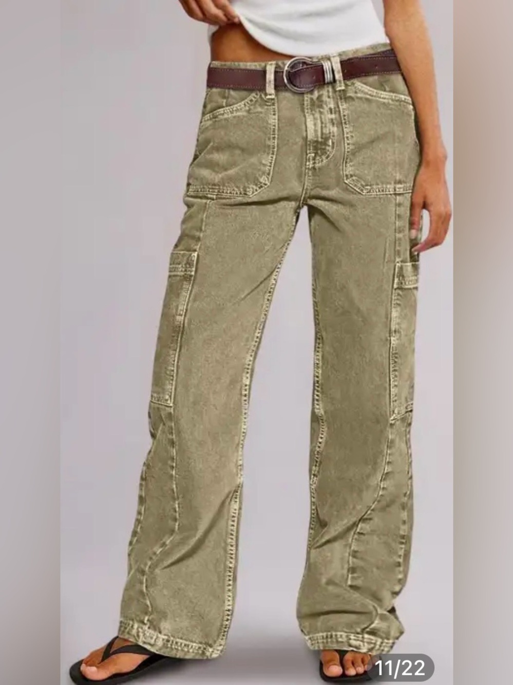Flamingals Tan Mid Rise Straight Leg Cargo Jeans